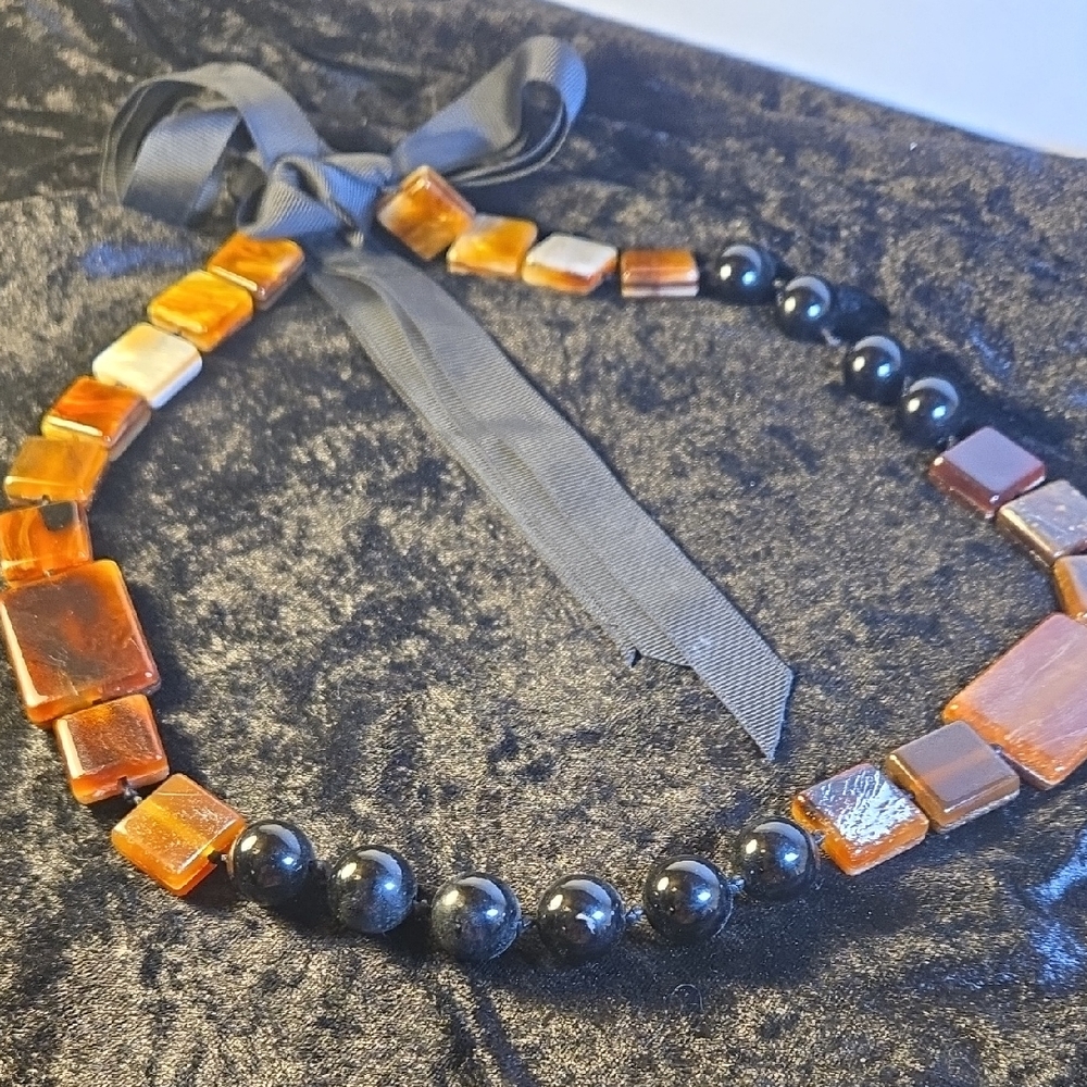 Source Unknown Black and Brown Necklace with Adjustable Ribbon